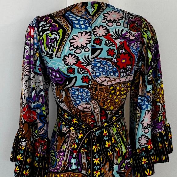 Betsey Johnson Vintage Bambi Printed Surplice Mini Dress 90s Flared Sleeve 6 - Picture 7 of 11